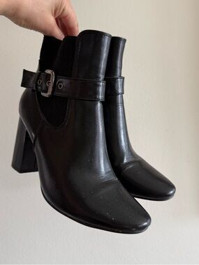 Black Faux Leather Buckle Ankle Boots Pointed Toe Block Heel